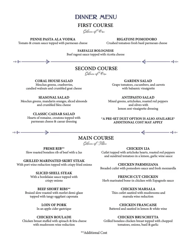 Coral House Special Events Menu