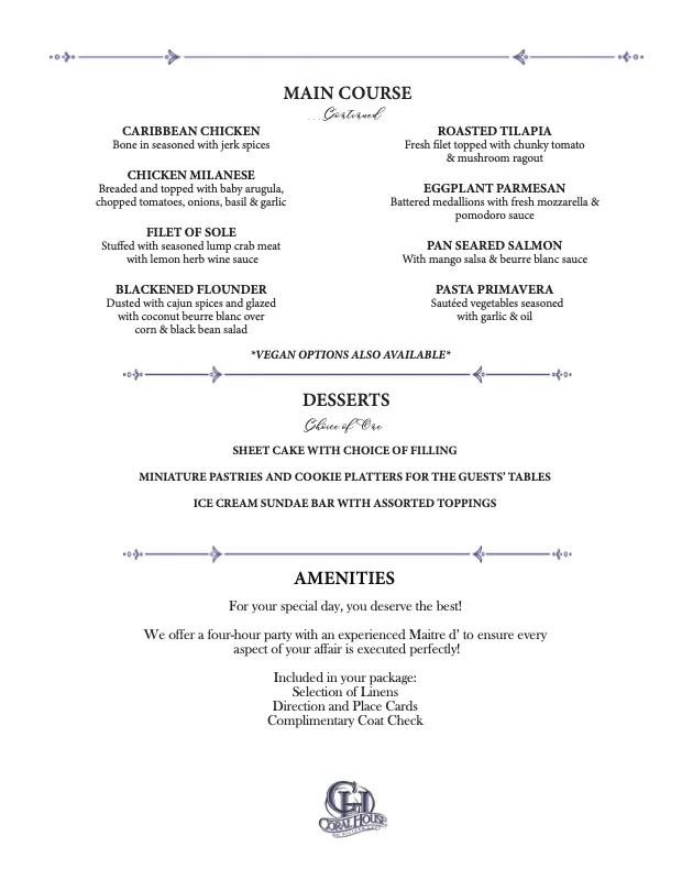 Coral House Special Events Menu