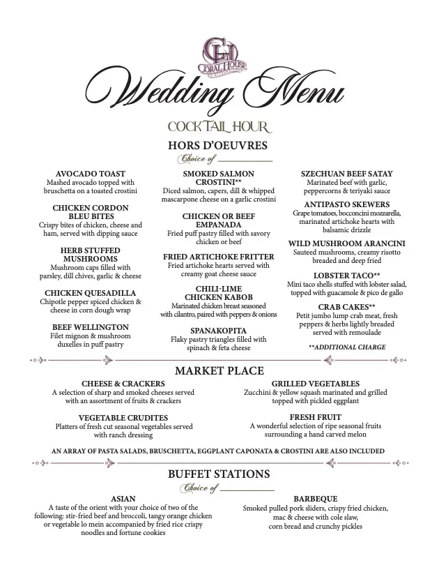 Coral House Wedding Menu
