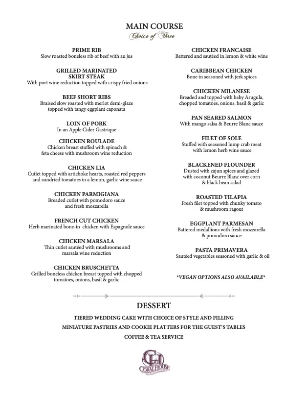 Coral House Wedding Menu